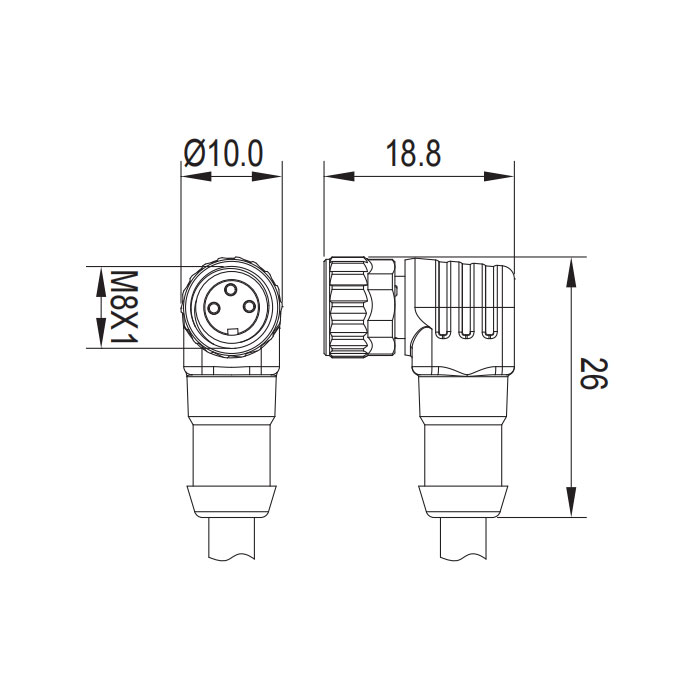 M8 3Pin、母头90°、带LED灯、单端预铸PVC非柔性电缆、灰色护套、63S083-XXX