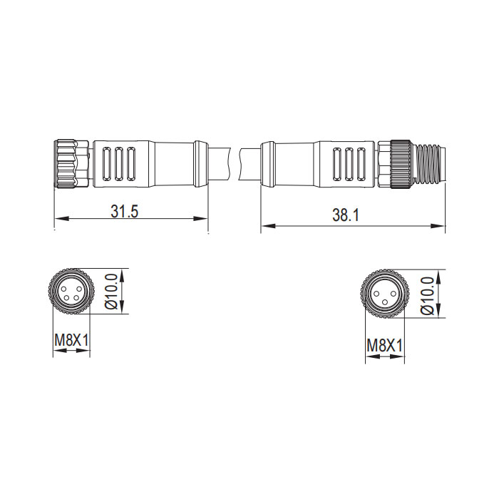 M8 4Pin 母头直型转M8 3Pin 公头直型、双端预铸PUR柔性电缆、黑色护套、63D101-XXX