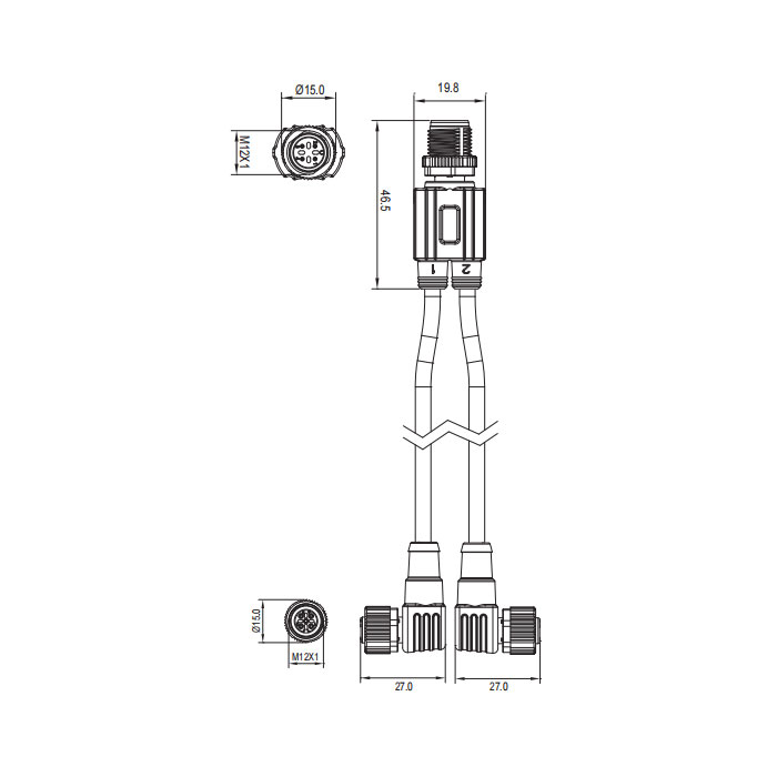 M12 4Pin male/2M12 3Pin female 90°、With LED lights、Y-type pre cast PUR drag chain cable、Black sheath、64D441-XXX