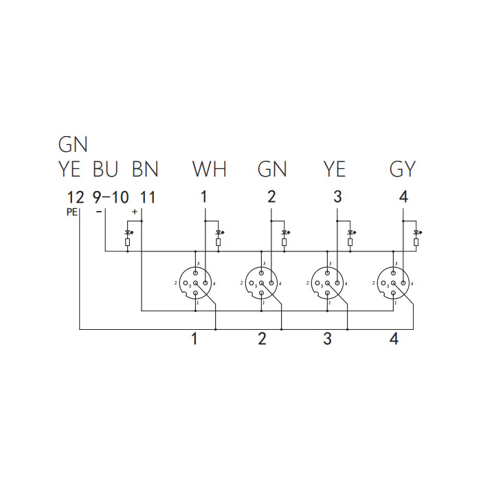 M12 single channel、PNP、4 port、With LED、M23 integrated interface base、Split type、24P4CT