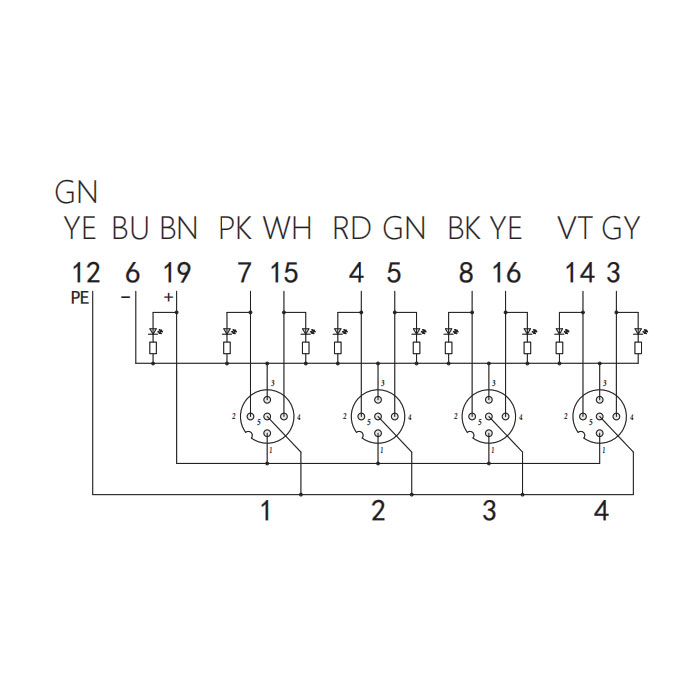 M12 dual channel、PNP、4 port、With LED、M23 integrated interface base、Split type、24P4LT