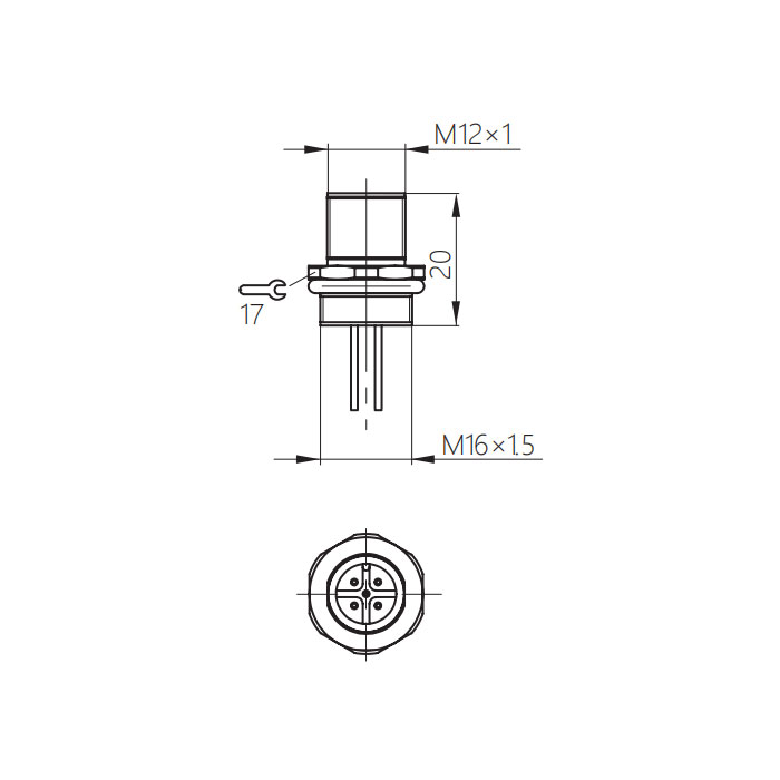 M12 4Pin、Male、Flanged connector、Front board mount、Pre cast UL electronic cable、64SA21-XXX