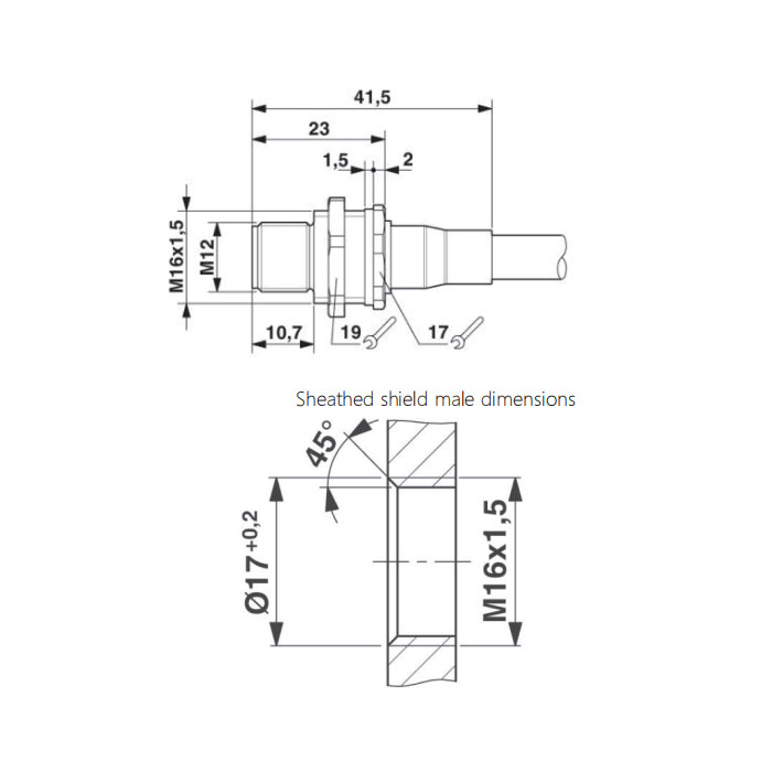 M12 4Pin、Male、Flanged connector、Board rear mount、Pre cast UL electronic cable、64SB61-XXX