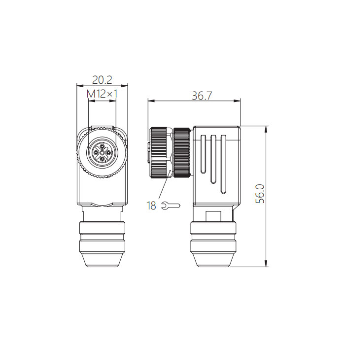 M12 4Pin、母头90°、螺钉连接、金属屏蔽、64F481