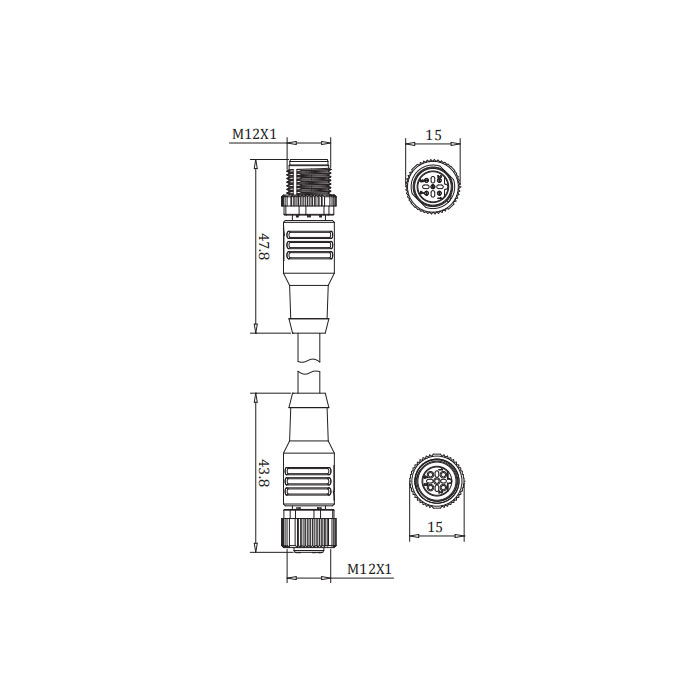 M12 5Pin 公头直型转母头直型、B-coded、双端预铸PVC非柔性电缆、紫色护套、0C4043-XXX