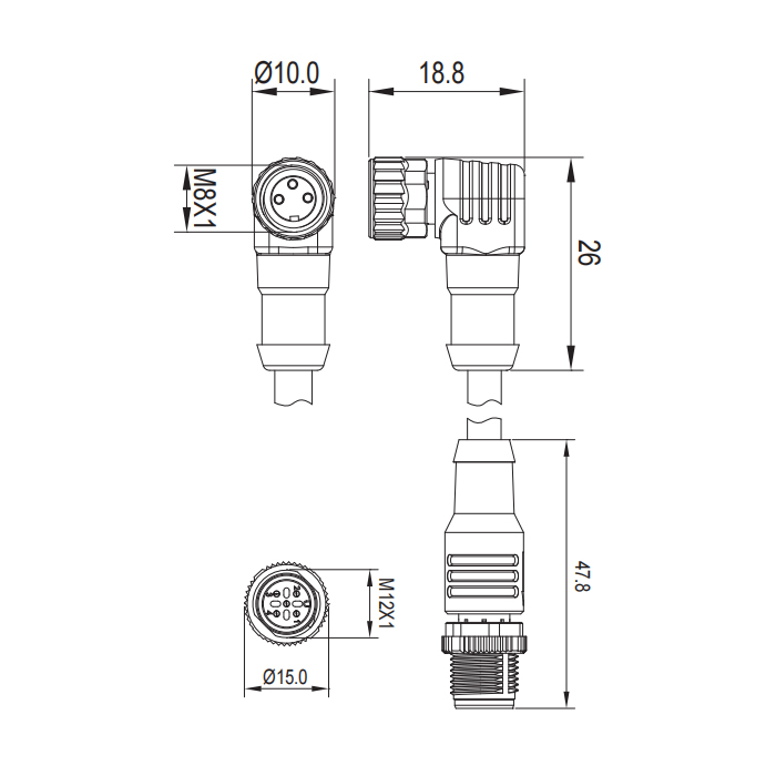 M8母头90°转M12公头直型、3Pin 、双端预铸PUR柔性电缆、橙色护套、63T221-XXX