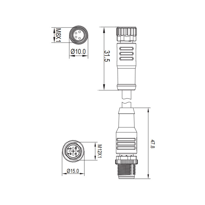 M8 4Pin 母头直型转M12 4Pin 公头直型、双端预铸防焊渣PUR柔性电缆、橙色护套、63T261-XXX