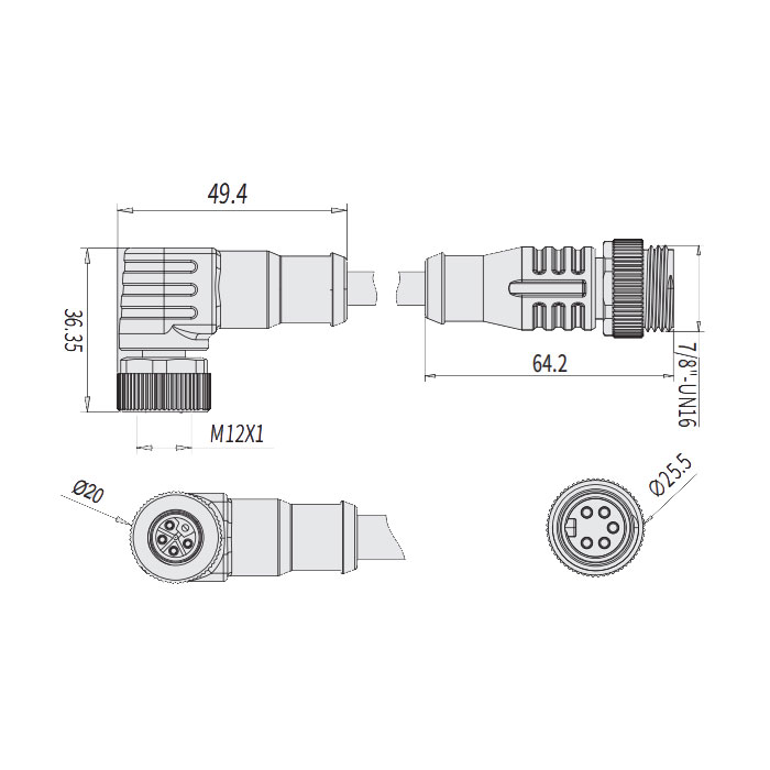 M12 5Pin 母头90°L-coded转7/8"5Pin 公头直型A-coded、双端预铸PVC非柔性电缆、黄色护套、64L883-XXX