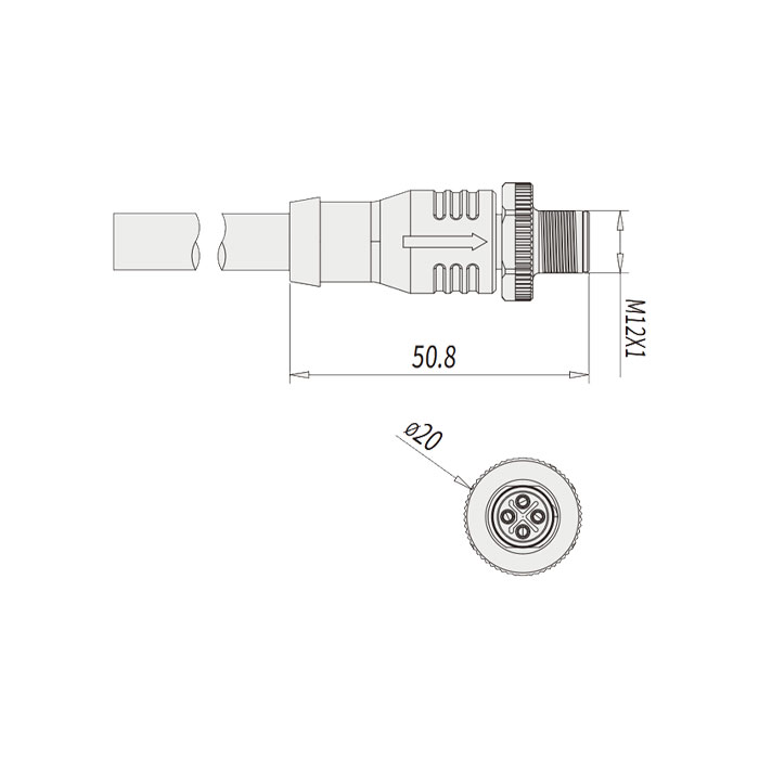 M12 4Pin S-coded、公头直型、单端预铸PVC非柔性电缆、灰色护套、64SP21-XXX