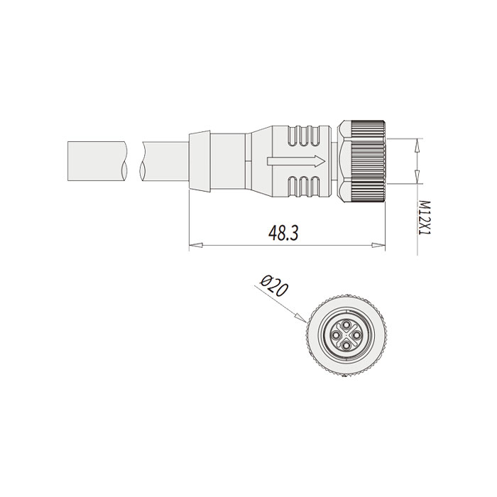 M12 4Pin S-coded、母头直型、单端预铸PVC非柔性电缆、灰色护套、64SP01-XXX