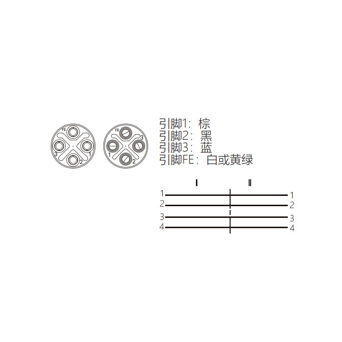 M12 4Pin S-coded、母头直型转公头90°、双端预铸PVC非柔性电缆、黄色护套、64SD23-XXX