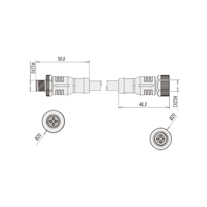 M12 4Pin S-coded、母头直型转公头直型、双端预铸PUR柔性电缆、黑色护套、64SD05-XXX