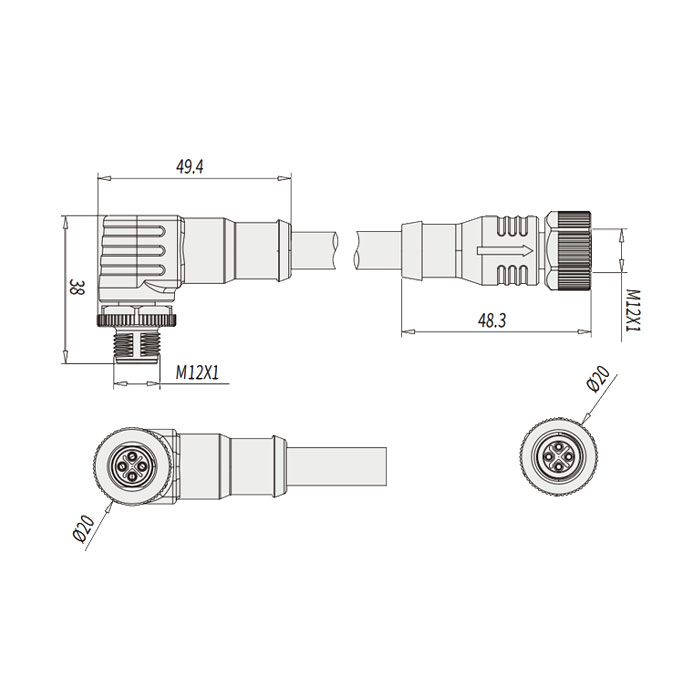 M12 4Pin S-coded、母头直型转公头90°、双端预铸PVC非柔性电缆、黄色护套、64SD23-XXX