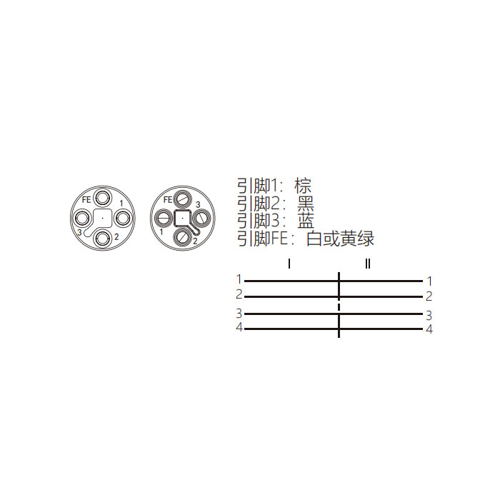 M12 4Pin T-coded、母头直型转公头90°、双端预铸PUR柔性电缆、黑色护套、64TD25-XXX