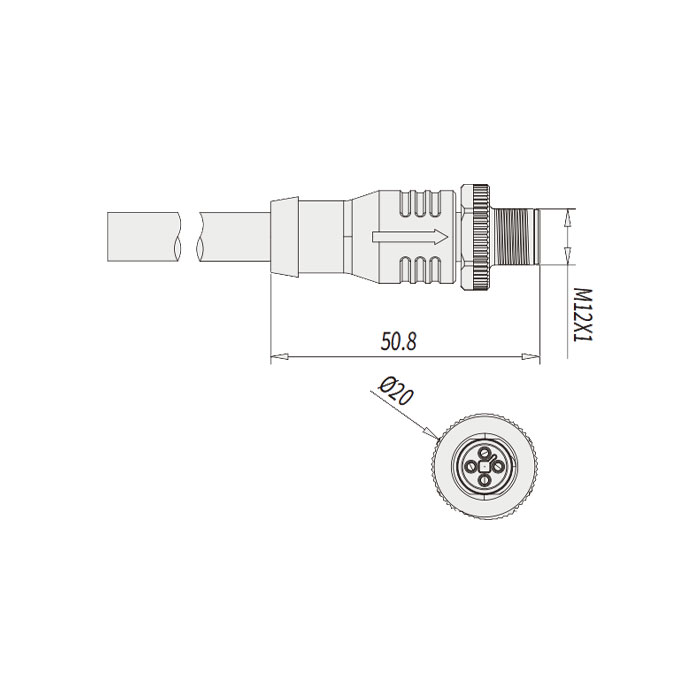 M12 4Pin T-coded、公头直型、单端预铸PVC非柔性电缆、灰色护套、64TP21-XXX