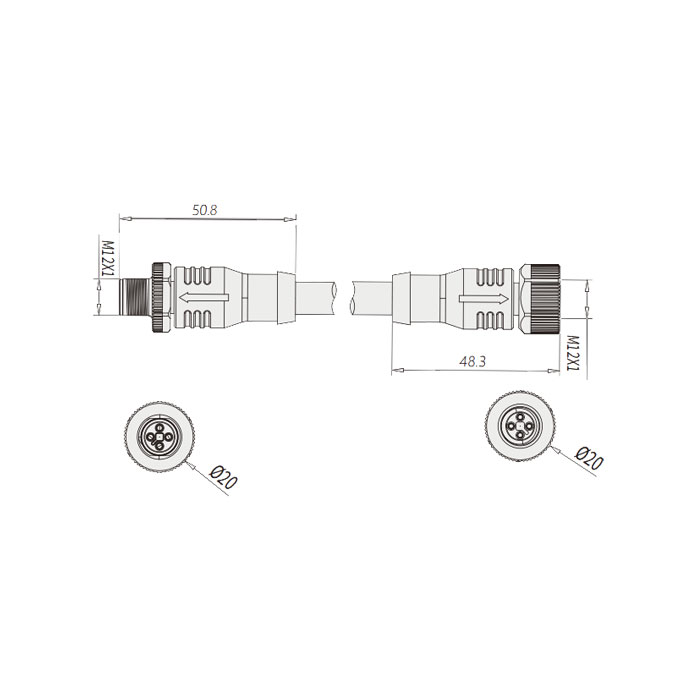 M12 4Pin T-coded、母头直型转公头直型、双端预铸PVC非柔性电缆、灰色护套、64TD01-XXX