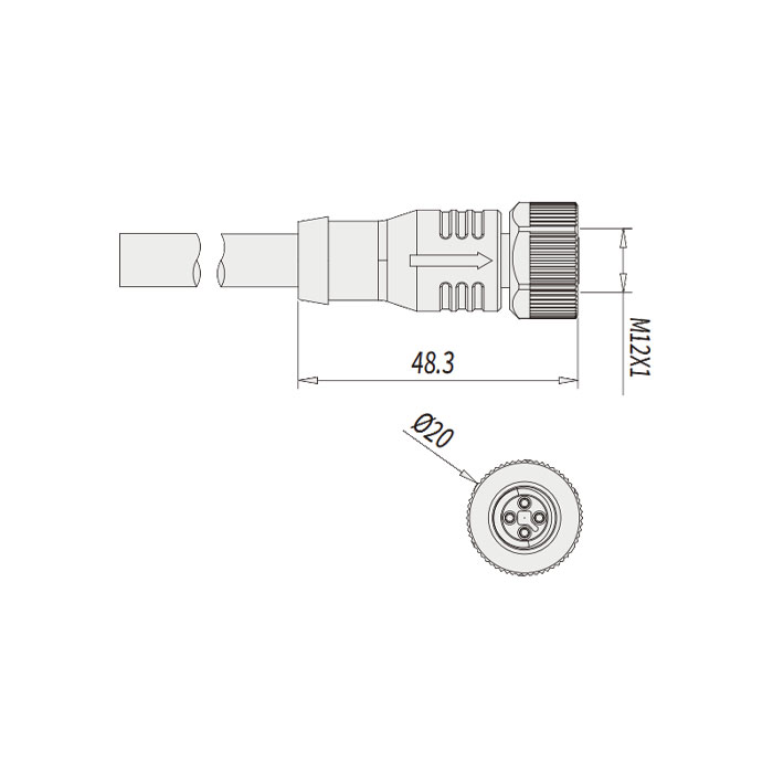 M12 4Pin T-coded、母头直型、单端预铸PVC非柔性电缆、黄色护套、64TP03-XXX