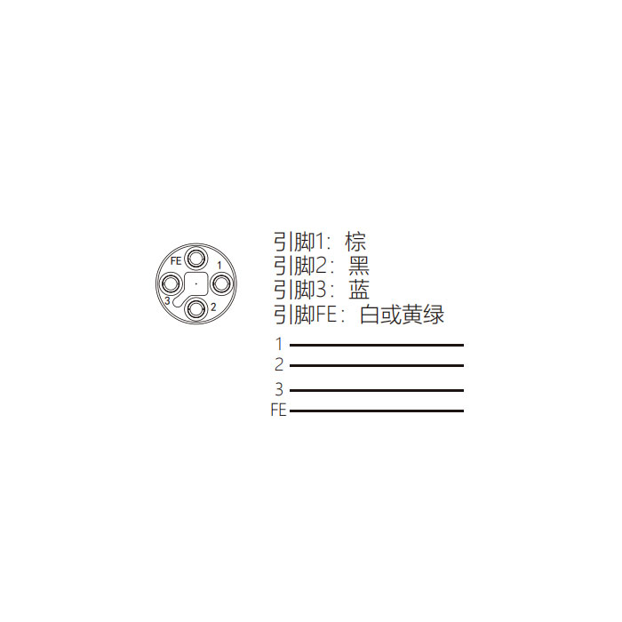 M12 4Pin T-coded、母头直型、单端预铸PVC非柔性电缆、黄色护套、64TP03-XXX