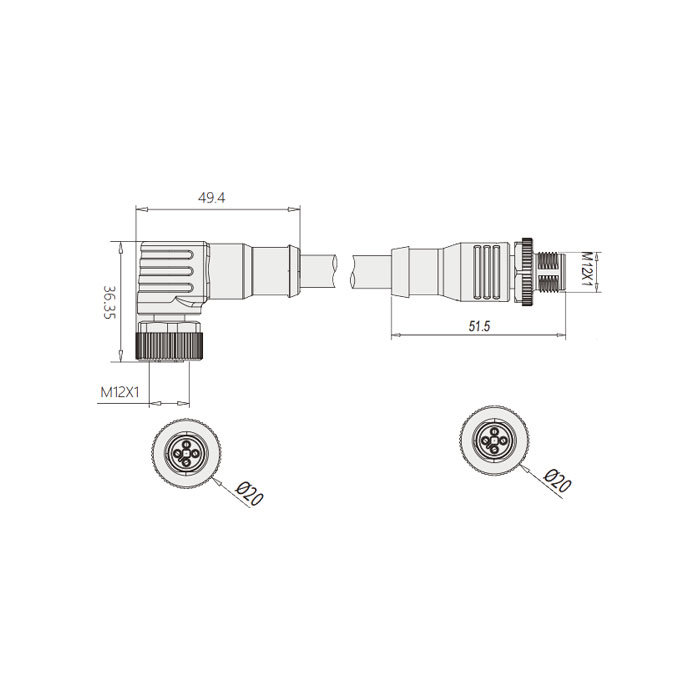 M12 4Pin T-coded、母头90°转公头直型、双端预铸PUR柔性电缆、黑色护套、64TD45-XXX