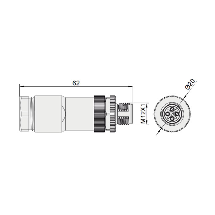 M12  4Pin、S-coded、公头直型、螺钉连接、64SX21