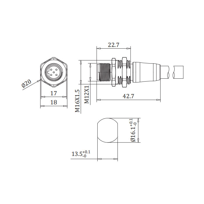 M12 2Pin 、Profibus法兰插座、B-coded、单端预铸PUR柔性电缆、紫色护套、0C4061-XXX