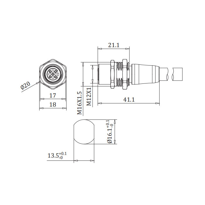 M12 5Pin 、Profibus法兰插座、B-coded、单端预铸PUR柔性电缆、紫色护套、0C4081-XXX