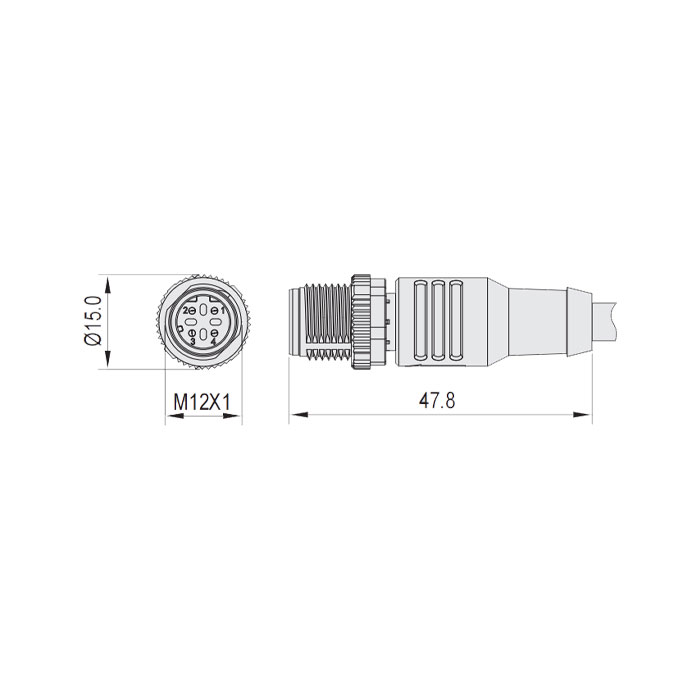 M12 4Pin D-coded、公头直型、单端预铸PUR柔性电缆、黑色护套、64SD35-XXX