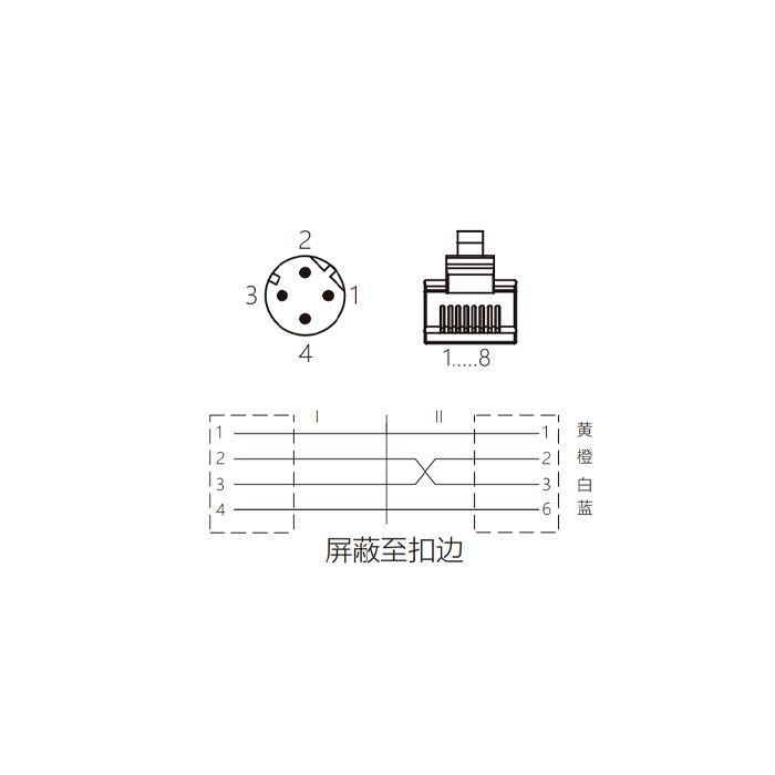 M12 4Pin D-coded 公头90°转RJ45公头直型、双端预铸PUR柔性电缆、带屏蔽、绿色护套、0C4591-XXX