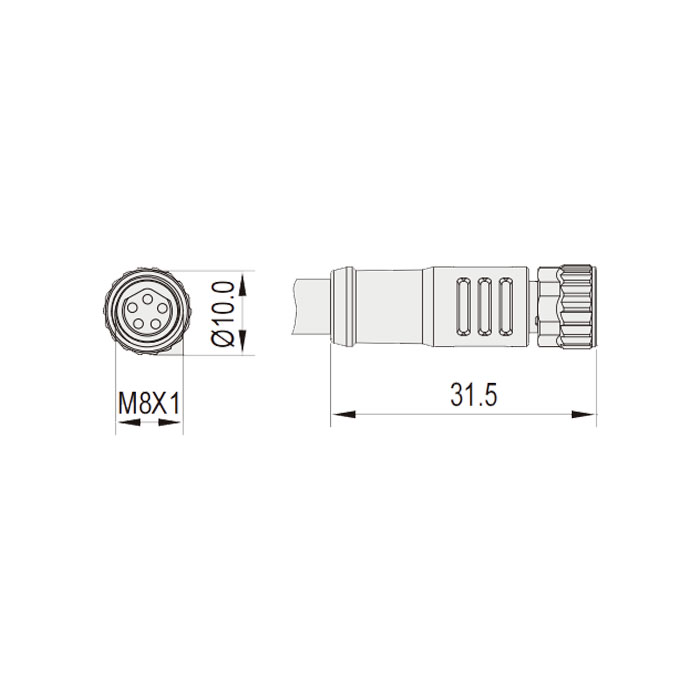 M8 5Pin、母头直型、单端预铸PVC非柔性电缆、带屏蔽、灰色护套、63S707-XXX