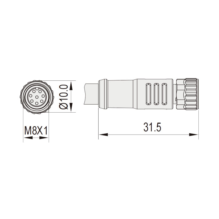 M8 8Pin、母头直型、单端预铸PUR柔性电缆、带屏蔽、黑色护套、63S741-XXX