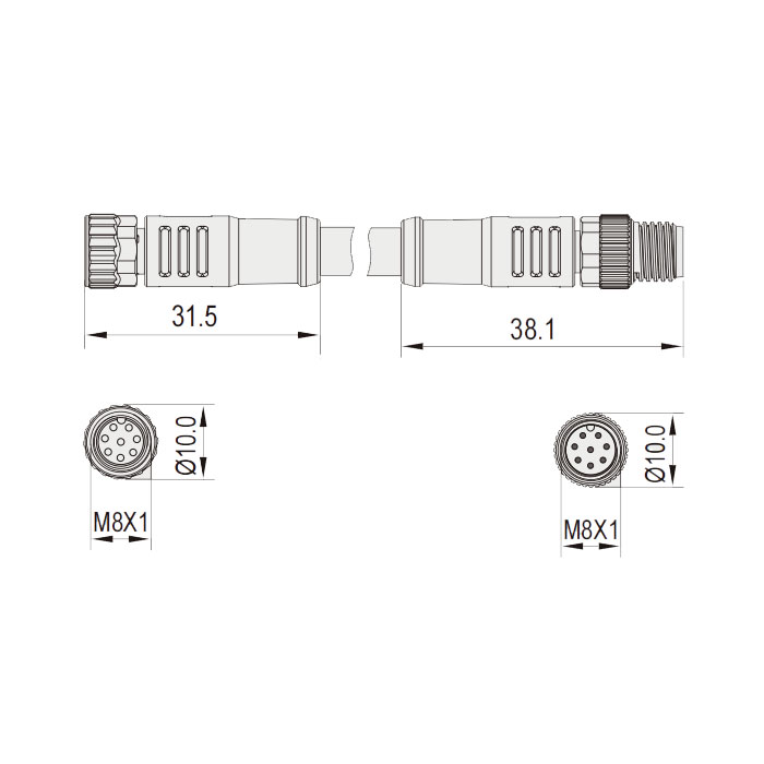 M8 8Pin、母头直型转公头直型、双端预铸PUR柔性电缆、带屏蔽、黑色护套、63DA81-XXX