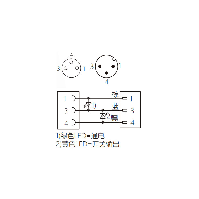 M8转M12 3Pin、M8母头直型 带LED灯转M12公头直型、双端预铸PUR柔性电缆、黑色护套、63D251-XXX