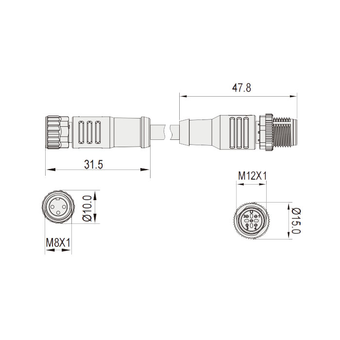 M8转M12 3Pin、M8母头直型 带LED灯转M12公头直型、双端预铸PVC非柔性电缆、灰色护套、63D253-XXX