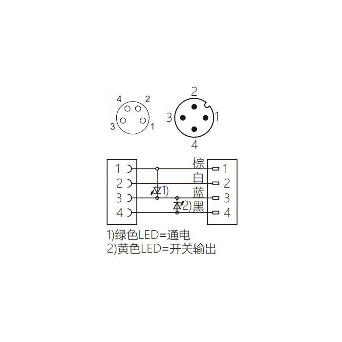 M8转M12 4Pin、M8母头直型 带LED灯转M12公头直型、双端预铸PUR柔性电缆、黑色护套、63D311-XXX