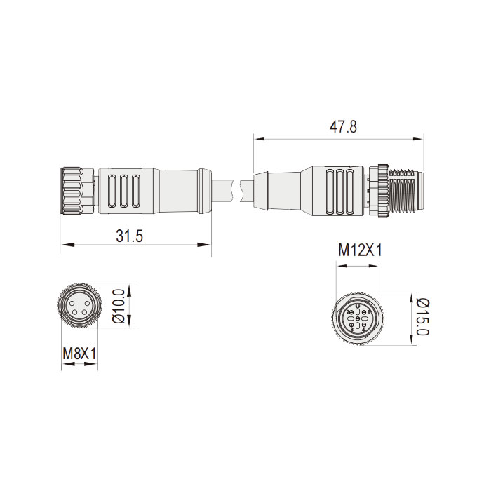 M8转M12 4Pin、M8母头直型 带LED灯转M12公头直型、双端预铸PUR柔性电缆、黑色护套、63D311-XXX