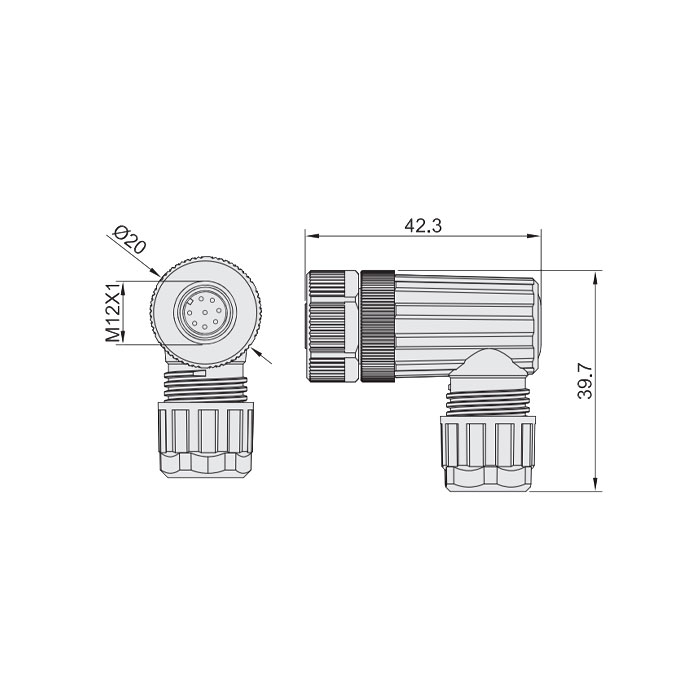 M12 8Pin、母头90°、螺钉连接、64F401