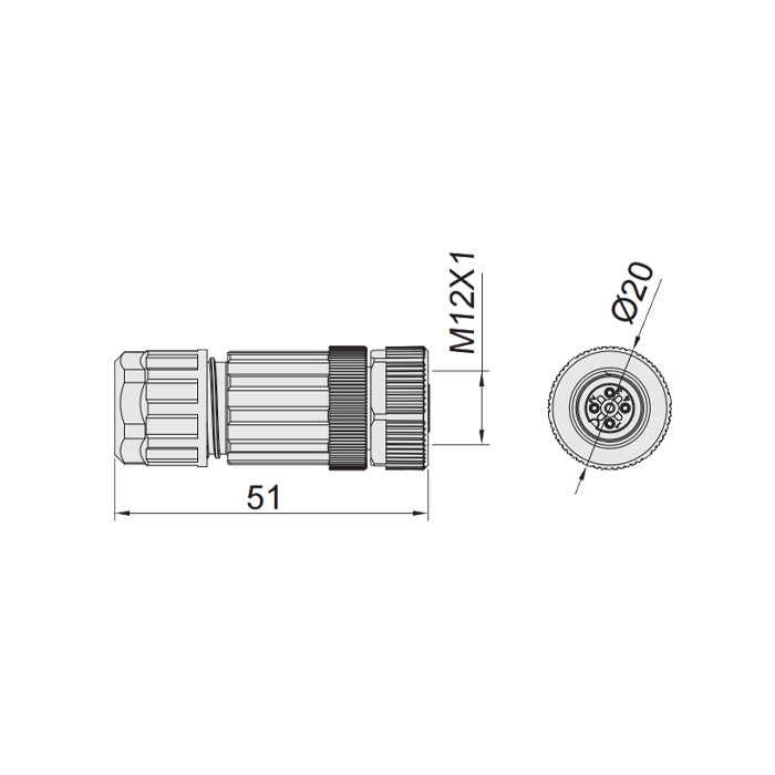 M12 5Pin、母头直型、食品級、螺钉连接、64F229