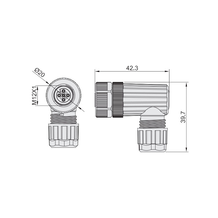 M12 5Pin、母头90°、食品級、螺钉连接、64F249