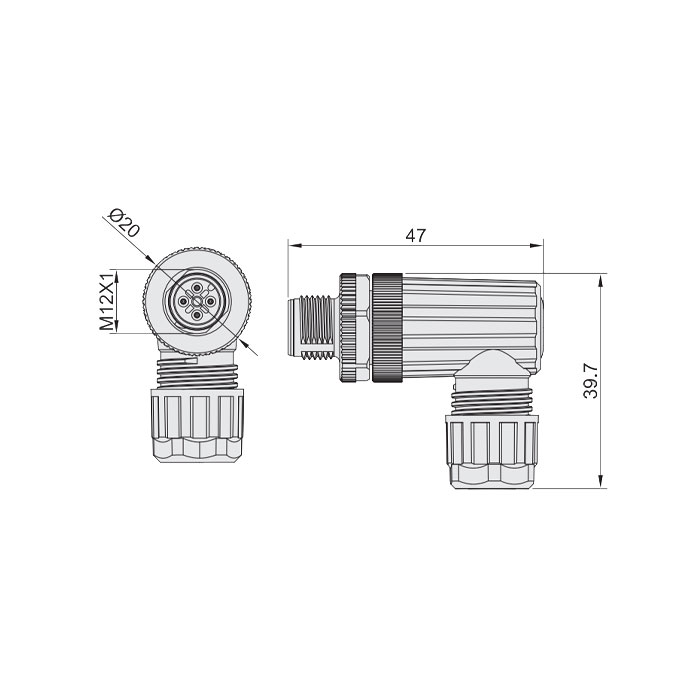 M12 5Pin、公头90°、食品級、螺钉连接、64F349