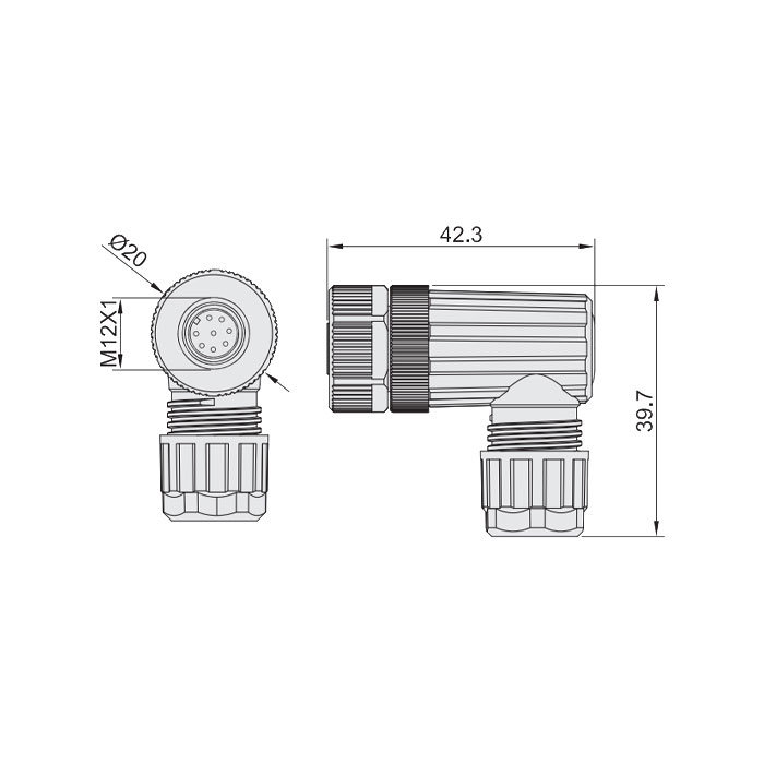 M12 8Pin、母头90°、食品級、螺钉连接、64F409