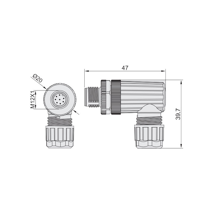 M12 8Pin、公头90°、食品級、螺钉连接、64F429