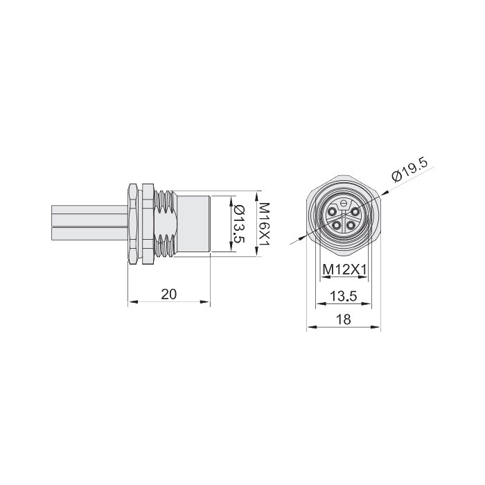 M12 5Pin L-coded、母头直型、法兰插座、板后安装、预铸UL电子线、64LB01-XXX