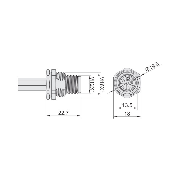 M12 5Pin L-coded、公头直型、法兰插座、板后安装、预铸UL电子线、64LB21-XXX