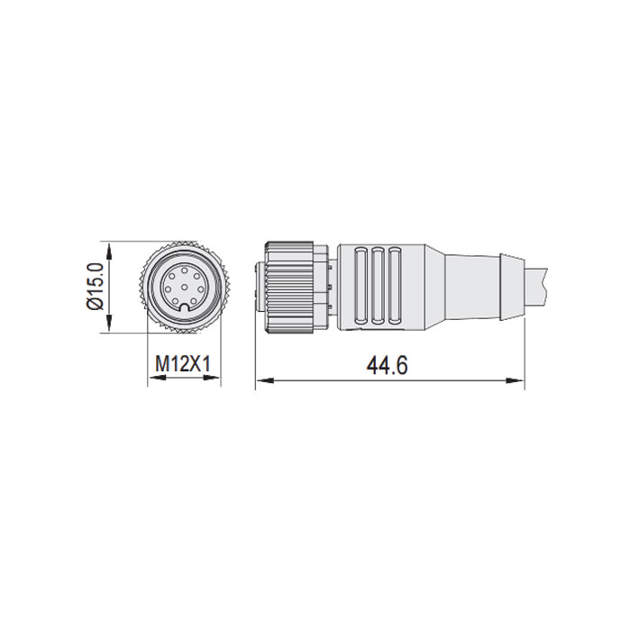 M12 8Pin、母头直型、单端预铸PVC非柔性电缆、灰色护套、64S325-XXX