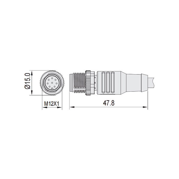 M12 8Pin、公头直型、单端预铸PVC非柔性电缆、灰色护套、64S365-XXX