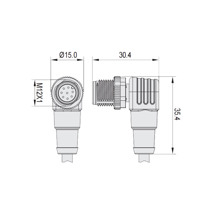 M12 8Pin、公头90°、单端预铸PUR柔性电缆、带屏蔽、黑色护套、64S8A1-XXX