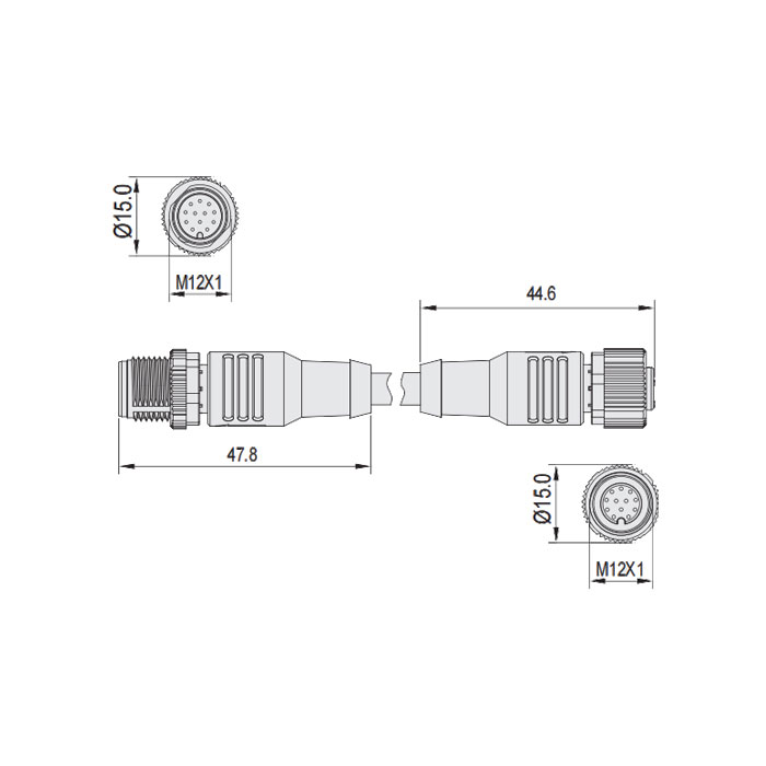 M12 12Pin、母头直型转公头直型、双端预铸PUR柔性电缆、黑色护套、64DA12-XXX