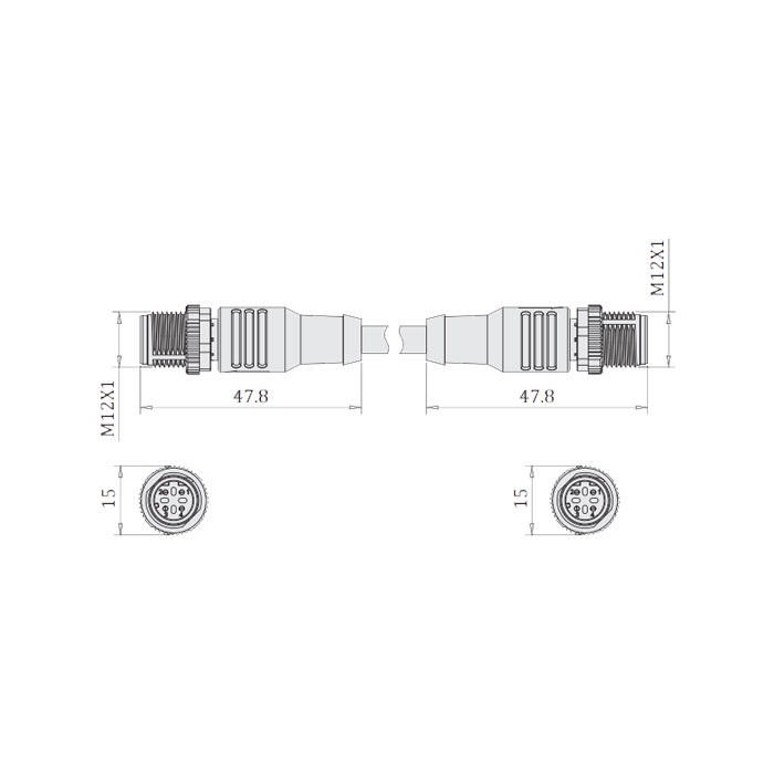 M12 4Pin D-coded、公头直型转公头直型、双端预铸PVC非柔性电缆、带屏蔽、灰色护套、64DD27-XXX