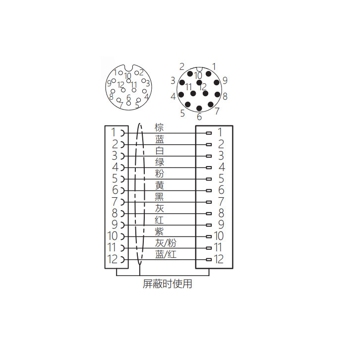 M12 12Pin、母头直型转公头直型、双端预铸PUR柔性电缆、带屏蔽、黑色护套、64DA15-XXX