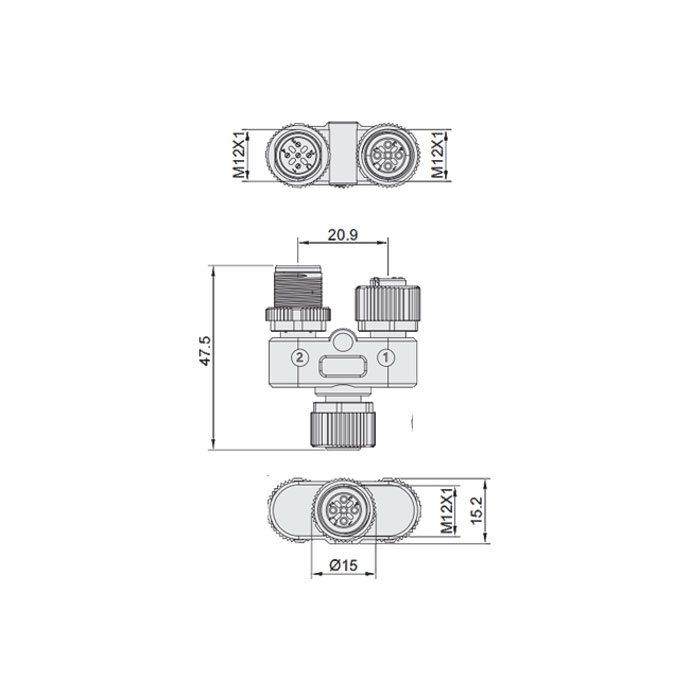 M12 8Pin母头 转 M12 5Pin公头+M12 5Pin母头、三通接头、648551